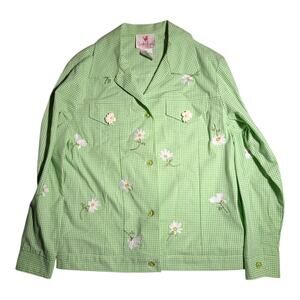Vtg Y2K Quacker Factory Green Gingham Daisy Embroidered Button Shirt Jacket XS